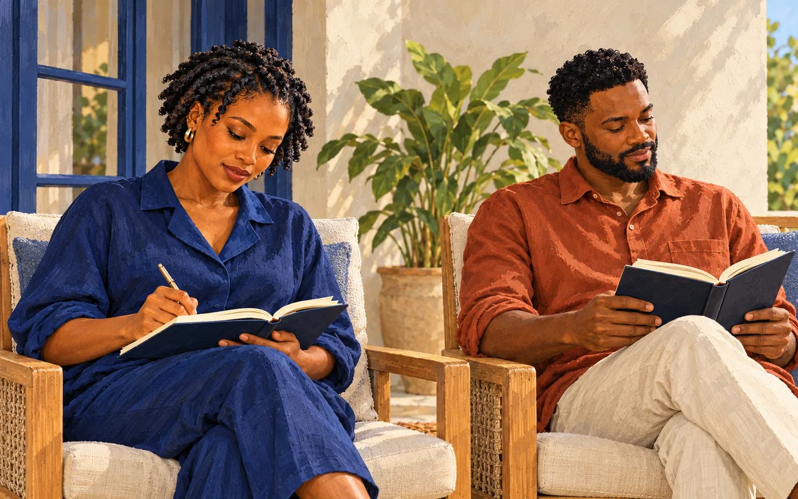A man and a woman reading and writing in notebooks while seated together