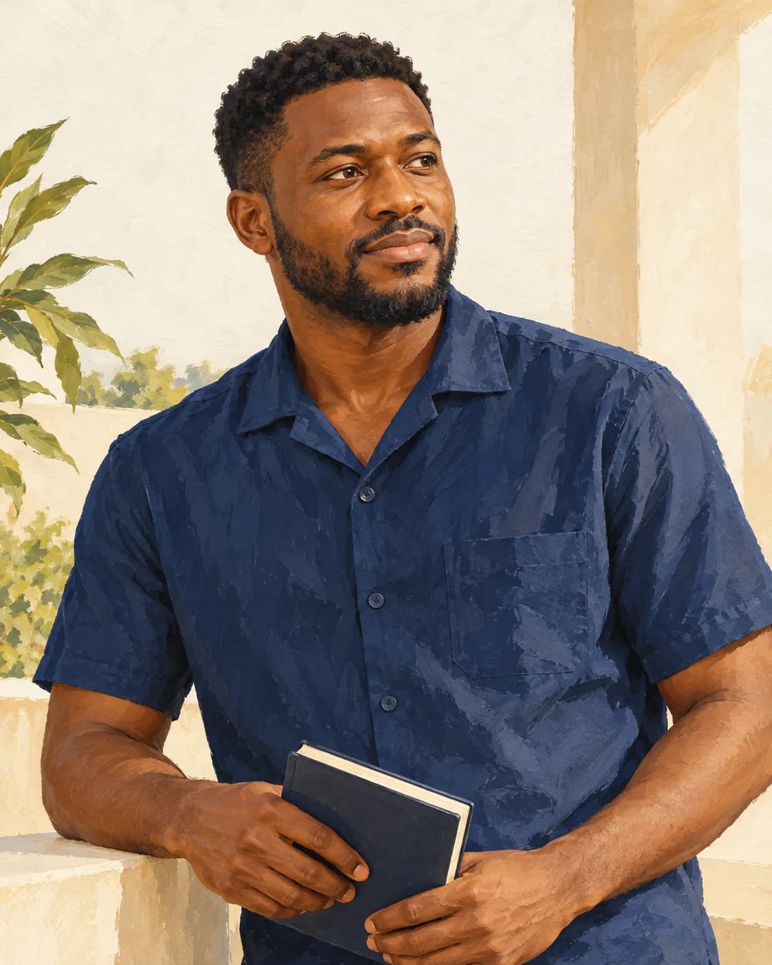 A man in a blue shirt holding a book